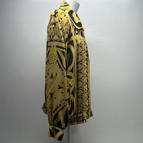 Peter Nygard Bomber Jacket Coat Baroque Print Satin Pure Silk Black Gold Size 10 - Picture 4 of 10